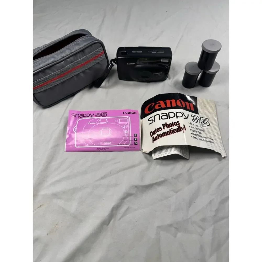 Canon Snappy 35 Date 35mm Film Camera Bundle Case Manual Film Canisters